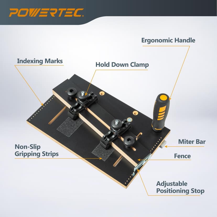POWERTEC Table Saw Tapering Jig, Small Parts Taper Jig with 3/4" x 3/8" Miter Bar, Adjustable Hold Down Clamp, Non-Slip Grip Strips, Ergonomic Handle - Table Saw Jig Accessories (71875)