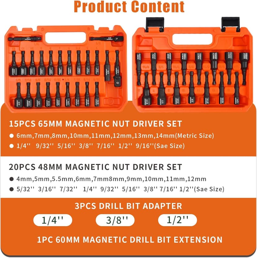 39Pcs Magnetic Nut Driver Set for Impact Drill, Metric & SAE Magnetic Impact Drill Driver Bit, 1/4" Hex Shank, Fully Magnetic Hex Nut Driver Drill Bit Master Kit, Black