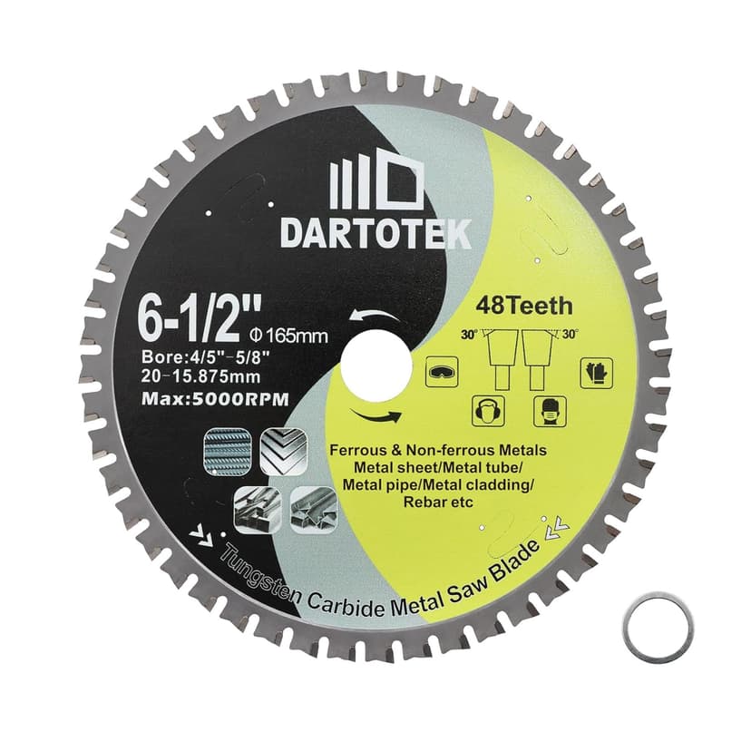6-1/2"/165mm Metal Cutting Disc, DARTOTEK Circular Saw Blade 48T,Tungsten Carbide Tipped TCT Cut Off Wheel for Steel, Ferrous Steel Pipe with 4/5"-5/8" Arbor