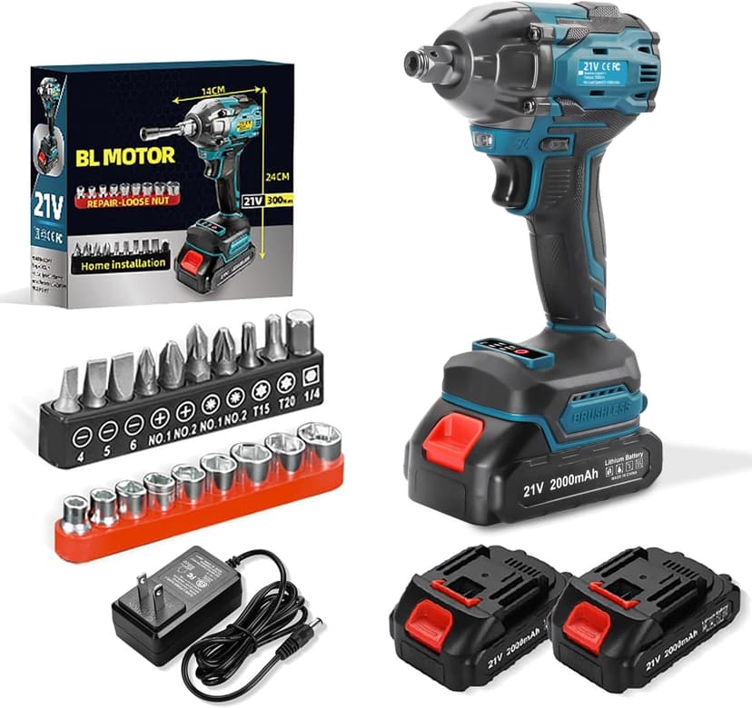 Cordless Impact Wrench, 21V Torque Power Impact Driver, 1/2" Power Impact Wrenches with 2 * 2.0Ah Batteries with 19 Accessories, Electric Impact Motor Variable Speeds for home installation (Blue)