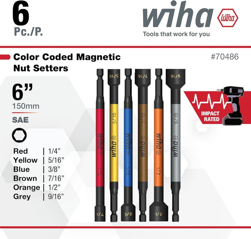 Wiha 70486 Color Coded Magnetic Nut Setter SAE 6 Pc. Set