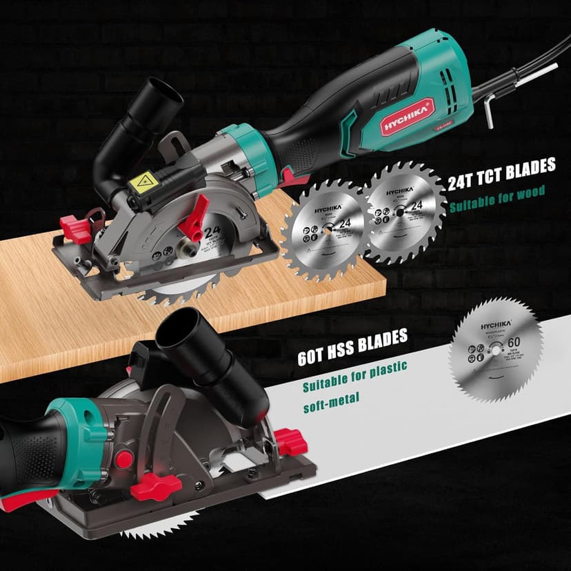 HYCHIKA 6.2A Mini Circular Saw with 3 Blades (4-1/2”), Compact Hand Saw Max 1-7/8" Cutting Depth, 3500RPM, Rubber Handle & 10ft Cord for Wood, Metal, Plastic, Tile
