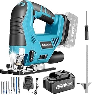 Cordless Jig Saw with 4000mAh Battery, Cordless Jigsaw Tool for Ma-kita 18V Battery, with 7 Blades, Dust Tube, 0°-45° Bevel Cuts & 4 Orbital Setting, LED Light, for Wood PVC Metal Cutting