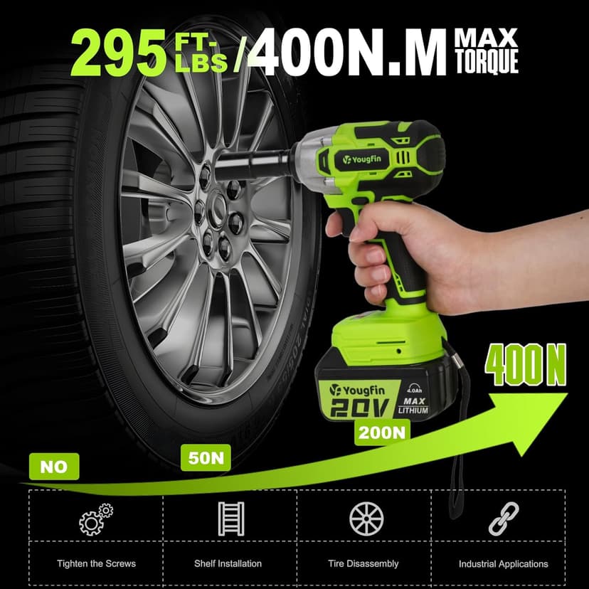 Yougfin Cordless Impact Wrench 1/2 inch for Lug Nuts, 20V Brushless Power Impact Gun Kit 400N.M, 4.0 Ah Battery Powered Impact Driver Heavy Duty, Electric Impact Wrench for Car Home