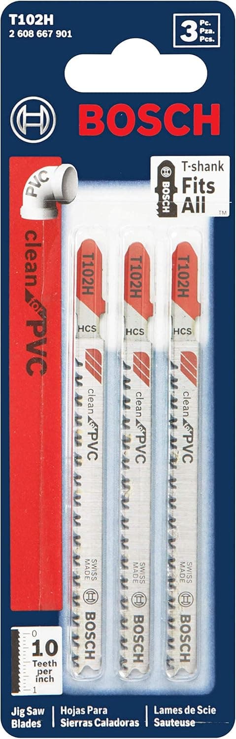Bosch T102H 3-Piece 3 In. 10 TPI Clean for PVC High Carbon Steel Jig Saw Blades