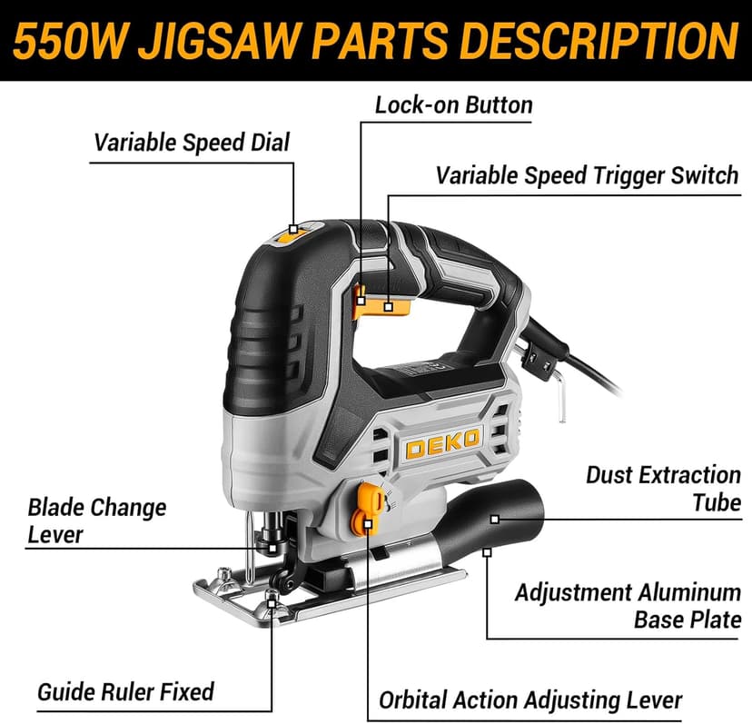Jig Saw Corded: DEKOPRO Electric Jigsaw Tool Power Jig Saws for Woodworking, Wood Cutter Hand Tool with 6 Variable Speed, 4 Orbital Settings, ±45° Bevel Cutting, Tool-less Blade Quick Release