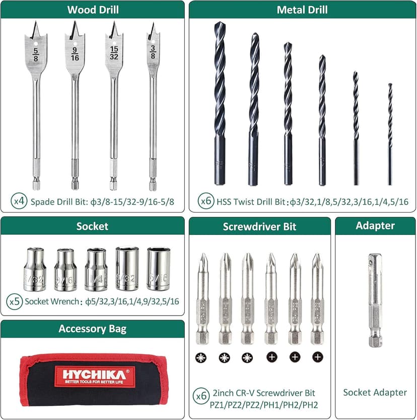 Cordless Hammer Drill Driver 18V, HYCHIKA 400 In-lbs Torque Power Drill with Auxiliary Handle, 1/2” Metal Chuck, 2.0Ah Battery, 1H Fast Charger, 21+3 Clutch, LED Light for Drilling Wood Metal Wall