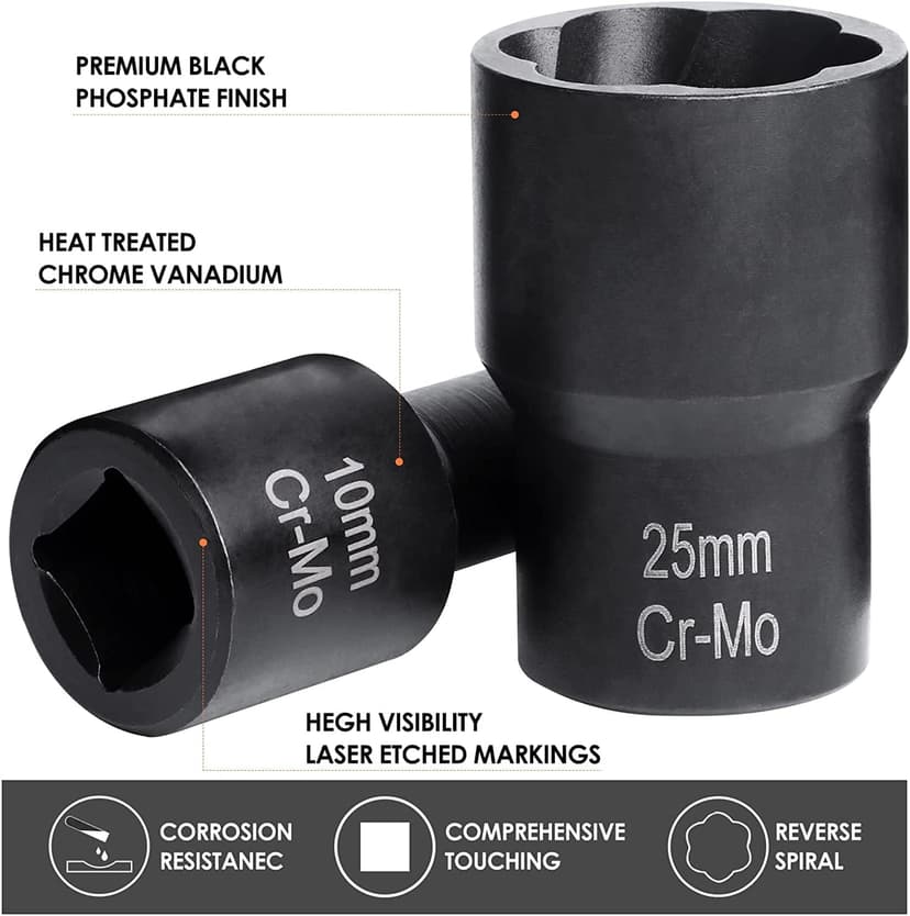 XEWEA 1/2" Drive 15PCS Lug Nut Remover and 6PCS Flip Impact Socket Set, Wheel Lock Removal Kit, Thin Wall Nut Sockets Easy Out Extractor Set for Damaged, Frozen, Rusted, Rounded-Off Bolts