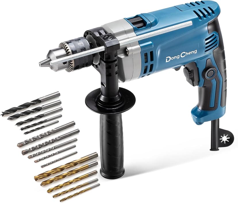 DongCheng Hammer Drill 6A,1/2 Inch Keyed Chuck, 0-3000 RPM/45000 BPM Impact Drill with 15PCS Drilling Bits for Brick Wall, Metal & Wood, DZJ05-13