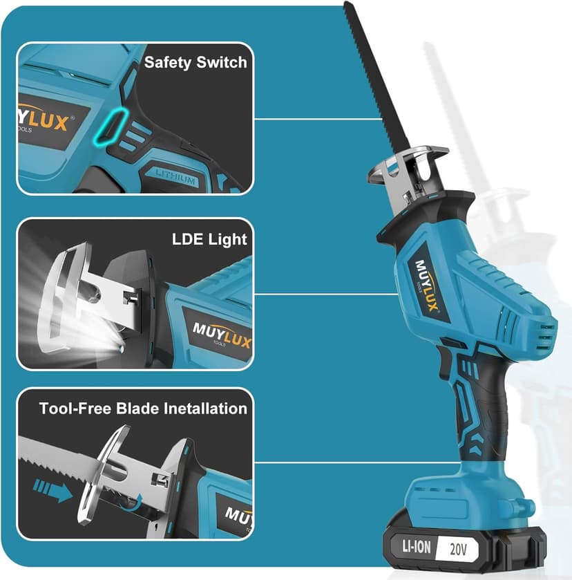 Cordless Reciprocating Saw 20V with 2 Batteries & Charger, Variable Speed 0-3000SPM, Tool-Free Blade Change, Includes 4 Saw Blades for Wood, Metal, PVC and Tree Cutting
