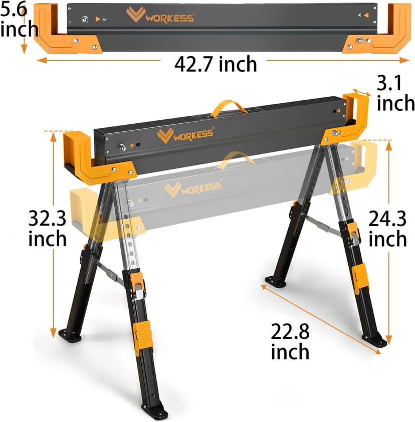 Saw Horses 2 Pack Folding, 2600 Lbs Load Capacity & 24-32 Inch Adjustable Height Heavy Duty Sawhorse Table with 2x4 Support Arms, Portable Folding Legs and Easy Grip Handle for Woodworking