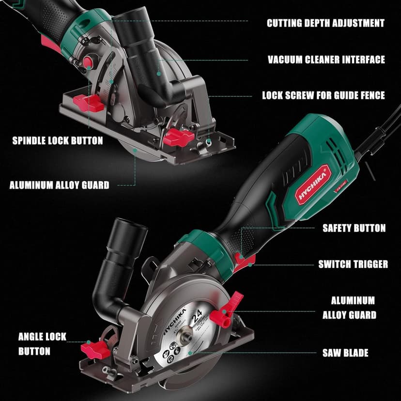HYCHIKA 6.2A Mini Circular Saw with 3 Blades (4-1/2”), Compact Hand Saw Max 1-7/8" Cutting Depth, 3500RPM, Rubber Handle & 10ft Cord for Wood, Metal, Plastic, Tile