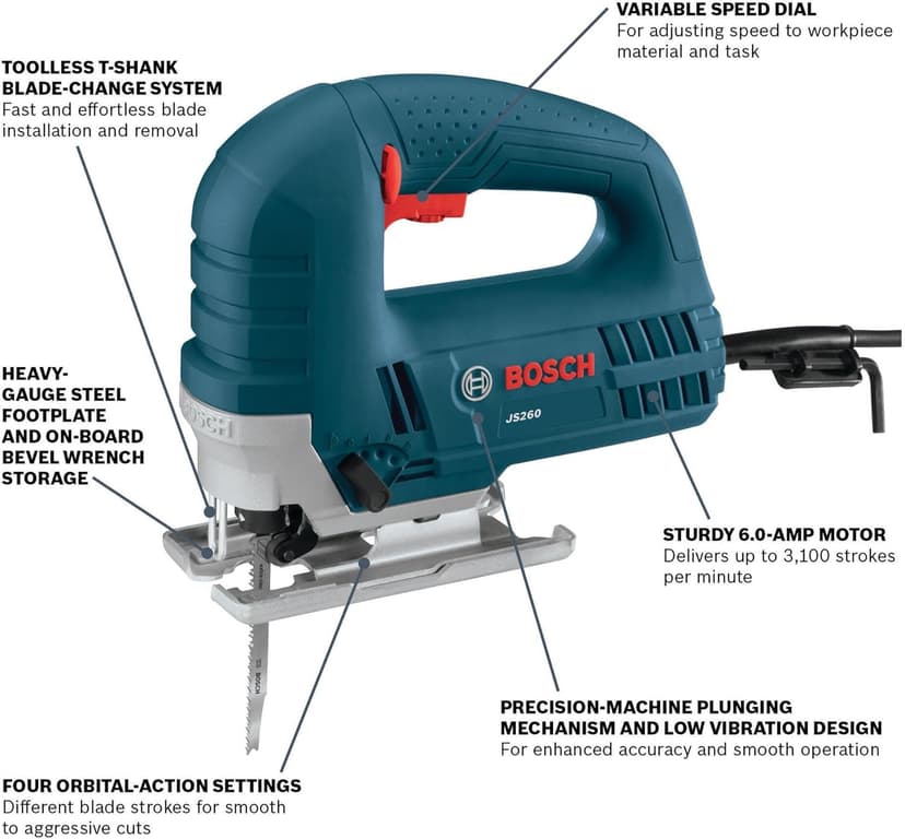 BOSCH JS260 Top-Handle Jig Saw - 6.0 Amp Motor, Variable Speed Control, Low-Vibration Plunging Design, Toolless Blade Change System - Ideal for Accurate and Smooth Cutting