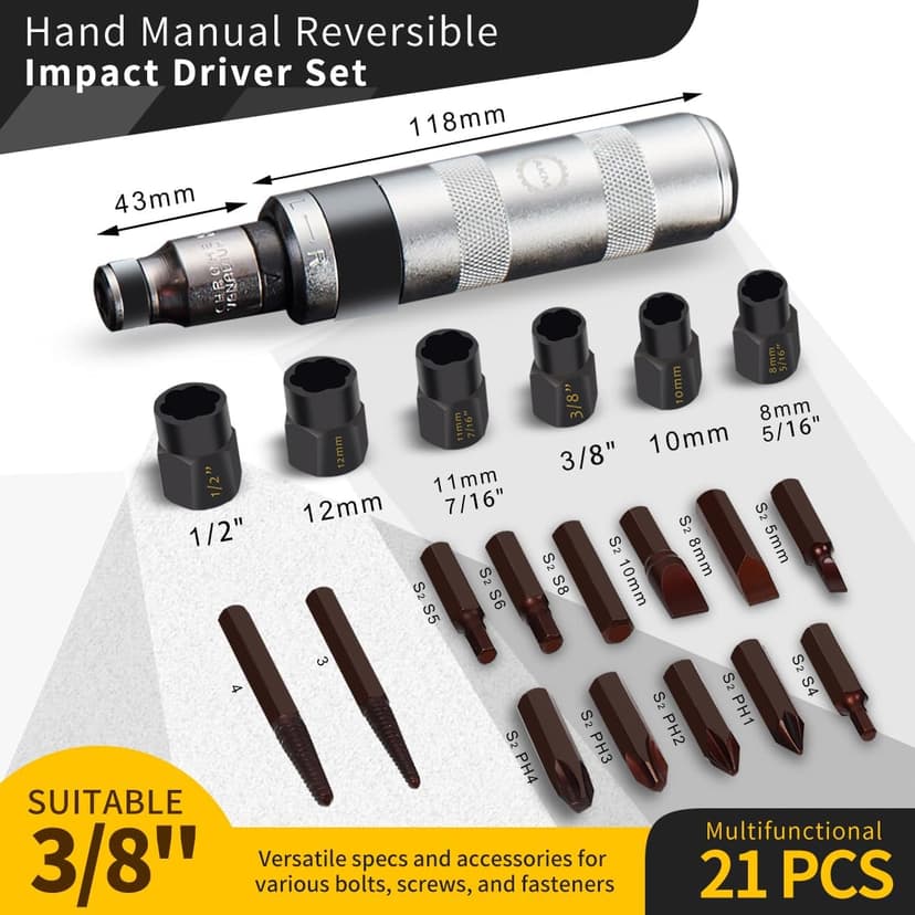 AKM 3/8" Impact Driver Master Screw and Bolt Extractor Set - 21 PCS Hand Manual Reversible Impact Screwdriver S2 Steel for Disengaging Rusted Fasteners or Frozen Bolts