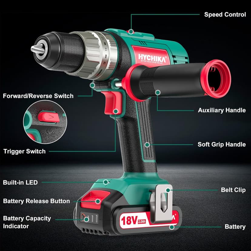 Cordless Hammer Drill Driver 18V, HYCHIKA 400 In-lbs Torque Power Drill with Auxiliary Handle, 1/2” Metal Chuck, 2.0Ah Battery, 1H Fast Charger, 21+3 Clutch, LED Light for Drilling Wood Metal Wall