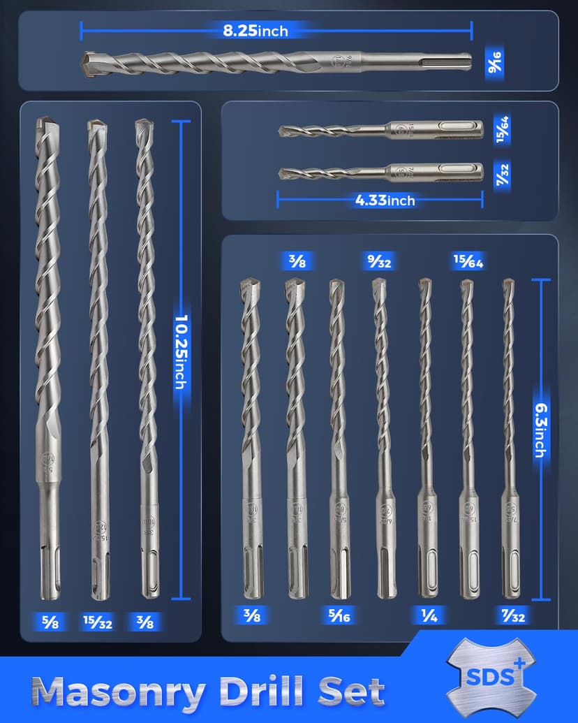 COMOWARE Rotary Hammer Drill Bits Set & Chisels- SDS Plus Concrete Masonry Hole Tool 17pcs with Storage Case