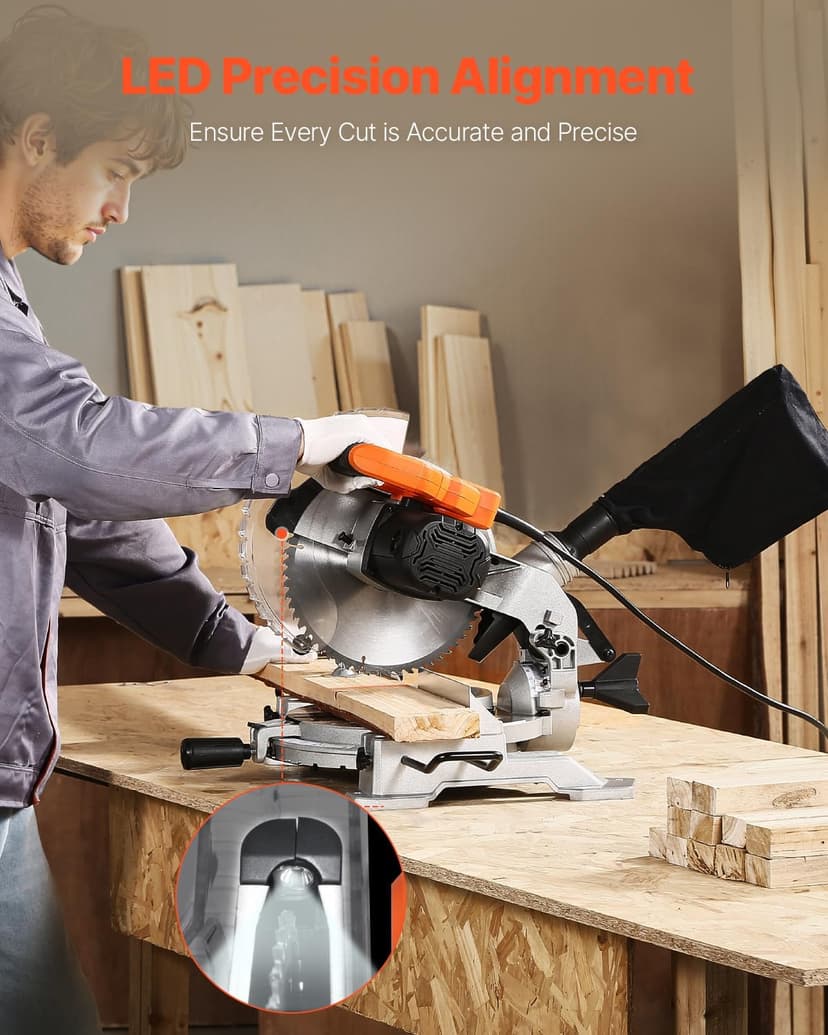 VEVOR Compound Miter Saw, 10-Inch Blade, 15 Amp Motor, 60-Tooth, Corded Single Bevel 0-45°, LED Precision Alignment, Angle Adjustable, Lightweight Cast Aluminum Base, for Wood, Composite Decking