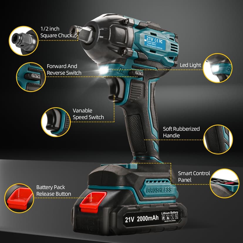 Cordless Impact Wrench, 21V Torque Power Impact Driver, 1/2" Power Impact Wrenches with 2 * 2.0Ah Batteries with 19 Accessories, Electric Impact Motor Variable Speeds for home installation (Blue)