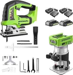 Greenworks 24V Brushless 2-Tool Combo Kit,Cordless Jig Saw+Wood Router Power Tool Sets Including Battery