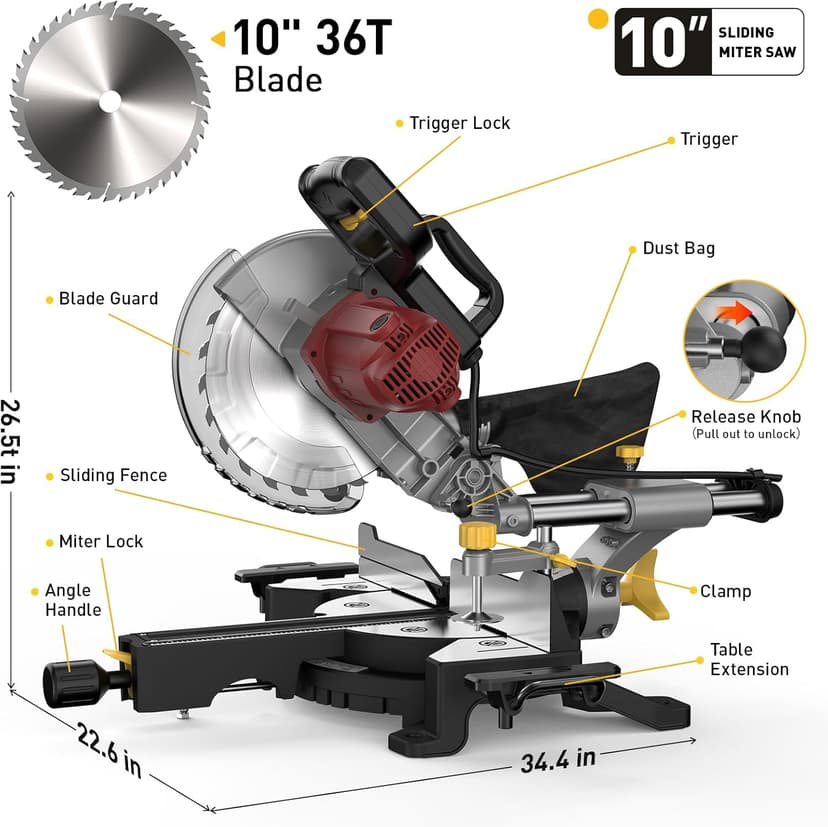 10-inch Sliding Compound Miter Saw, 5000RPM, 15 Amp, Single Bevel 0-45° with Extension Table, 36T Blade, Power Saw for Metal, Plastic, Wood, Laminates
