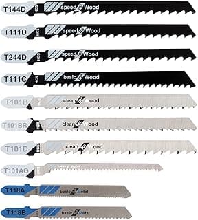 Jigsaw Blades, 10 Piece Jig Saw Blades, Assorted T-Shank jig Saw Blades for Wood, Metal and Plastic Cutting(T111D, T101AO, T101BR, T101D, T101B, T118A, T118B, T144D, T244D,T111C)