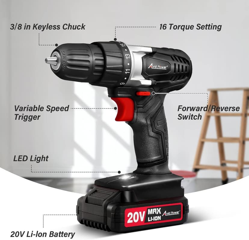AVID POWER 20V MAX Lithium lon Cordless Drill, Power Drill Set with 3/8-Inch Keyless Chuck, Variable Speed, 16 Position and 22pcs Bits (Black)