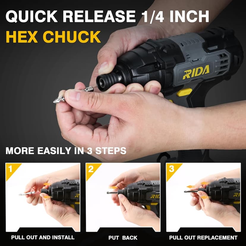 RIDA Impact Driver Kit 180Nm 20V Cordless Impact Drill/Driver Set 1/4" All-Metal Hex Chuck 0-2800RPM Variable Speed, 2000mAh Lithium-ion Battery & 1H Fast Charger, 25 Pcs Driver Bits and Tool Bag