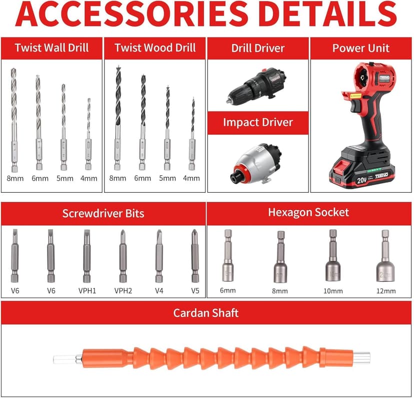 Cordless Drill and Impact Driver, Electric Drill and Impact Driver Combo Kit with 3/8-inch Electric Drill and 1/4-inch Impact Driver with 2 * 1.5A Batteries