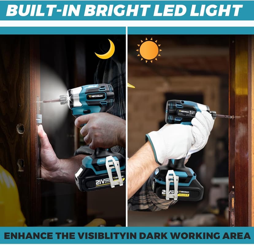 Impact Driver Kit,21V Max Torque 3095 In-lbs(350 N.m) Cordless Impact Driver Set with Two 2.0 Ah Battery, 1/4" Hex Chuck Power Impact Drill, 0-4000 RPM Variable Speed,10Pcs Bits,Toolboxes