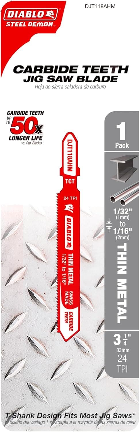 Diablo Carbide Jig Saw Blade - Ideal for Cutting Thin Metals, Aluminum, and Sheet Metal - 3-1/4" Length, 24 TPI, T-Shank - DJT118AHM