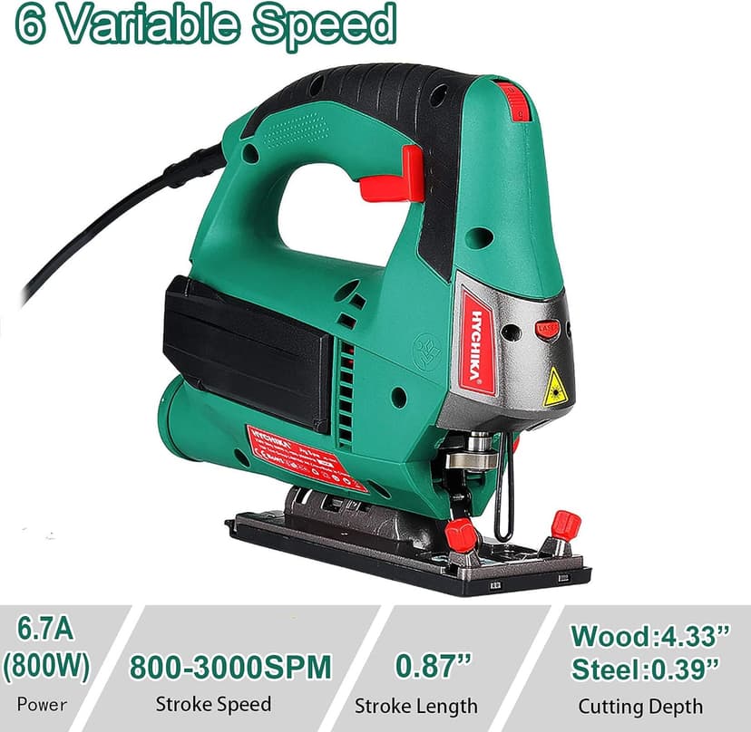 HYCHIKA Jig saw, 6.7A Jig Saw 800-3000SPM with 6 Variable Speeds, 4 Orbital Sets, Bevel Angle 45°, 6PCS Blades, Pure Copper Motor, Laser Guide, Wood Metal Plastic Cutting