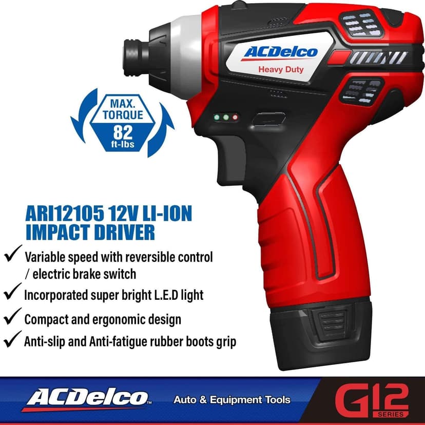 ACDelco ARI12105P G12 Series 12V Cordless Li-ion ¼” 82 ft-lbs. Impact Driver Tool Kit