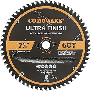 COMOWARE 7 1/4“ Circular Saw Blade, 60T ATB Circular Saw Blade, 5/8" Arbor, TCT Carbide-Tipped, Anti-Vibration, Teflon Anti-Stick, Miter Saws Blades for Wood, Laminate, Plywood & Hardwoods