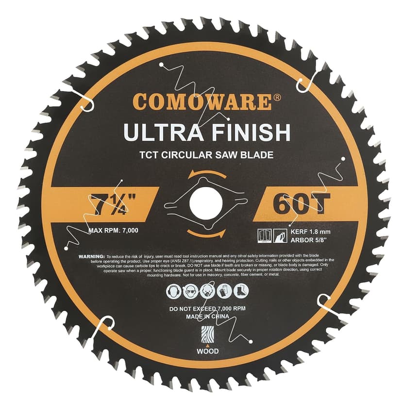 COMOWARE 7 1/4“ Circular Saw Blade, 60T ATB Circular Saw Blade, 5/8" Arbor, TCT Carbide-Tipped, Anti-Vibration, Teflon Anti-Stick, Miter Saws Blades for Wood, Laminate, Plywood & Hardwoods