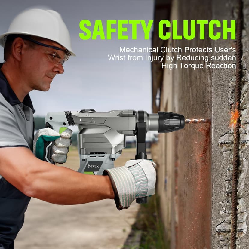PTS 1-9/16 Inch SDS-Max Rotary Hammer, 13.5 Amp Heavy Duty 3 Functions Corded Concrete Demolition Hammer, w/Vibration Control & Safety Clutch, Includes Drill Bits, Chisels, Carrying Case (Green)