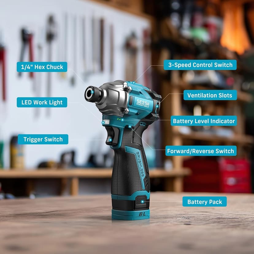 SEESII 16.8V Impact Driver Kit, 1/4" Hex Cordless Impact Driver Set & 2×2.0Ah Batteries, 150N.m Max Torque(1327 In-lbs) Brushless Power Impact Driver w/ 16Pcs Drill Bits, 0-3300RPM Variable Speed