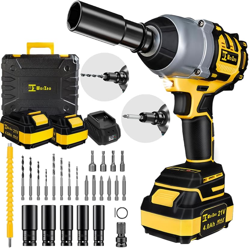 1/2 inch Cordless Impact Wrench,650Ft-lbs (800N.m) Brushless Power Impact Driver,3000RPM High Torque Impact Gun,2x 4.0 Battery, 5 Sockets,8 Drill,6 Screws for Home Car Tires Truck Mower