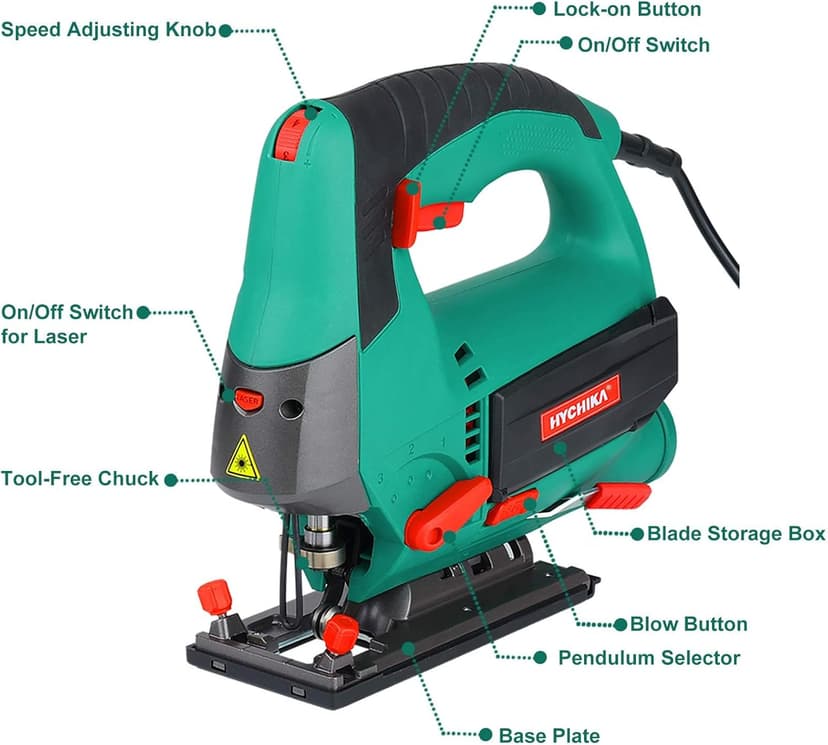 HYCHIKA Jig saw, 6.7A Jig Saw 800-3000SPM with 6 Variable Speeds, 4 Orbital Sets, Bevel Angle 45°, 6PCS Blades, Pure Copper Motor, Laser Guide, Wood Metal Plastic Cutting