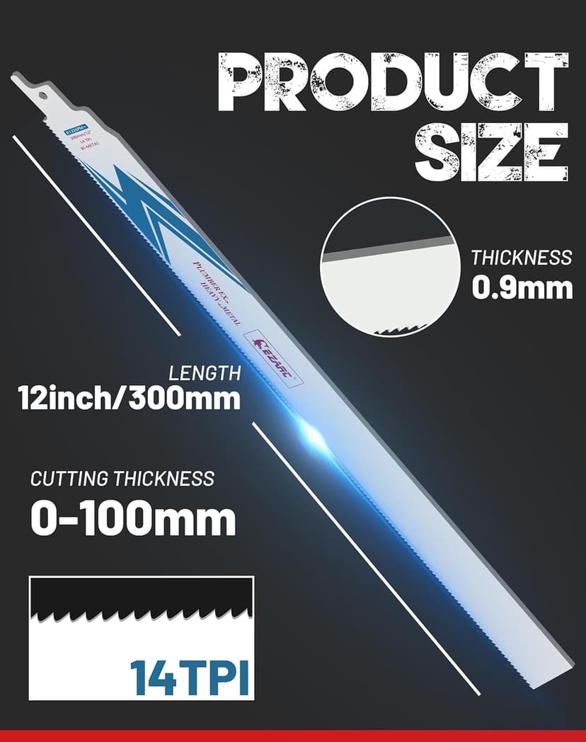 EZARC Reciprocating Saw Blade Bi-Metal Cobalt Sabre Saw Blades for Heavy Metal Cutting 12-Inch 14TPI R1226PM+ (5-Pack)
