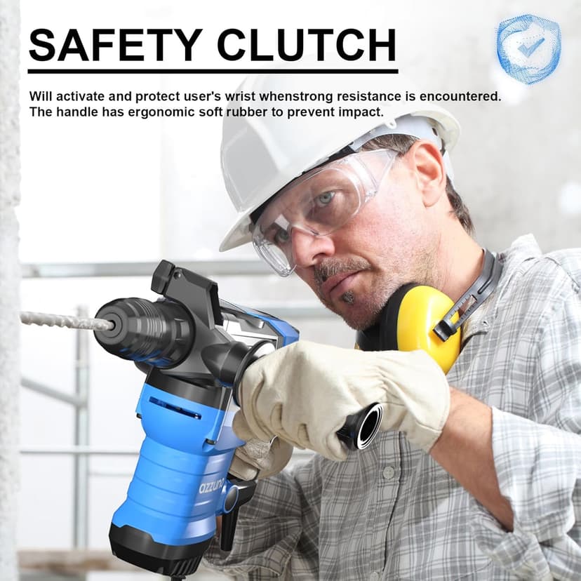 AZZUNO 1-1/4" SDS-Plus 15Amp Heavy Duty Rotary Hammer Drill, 4 Functions, for Drilling in Concrete, Brick and Stone, Includes Chisel and Drill Bits