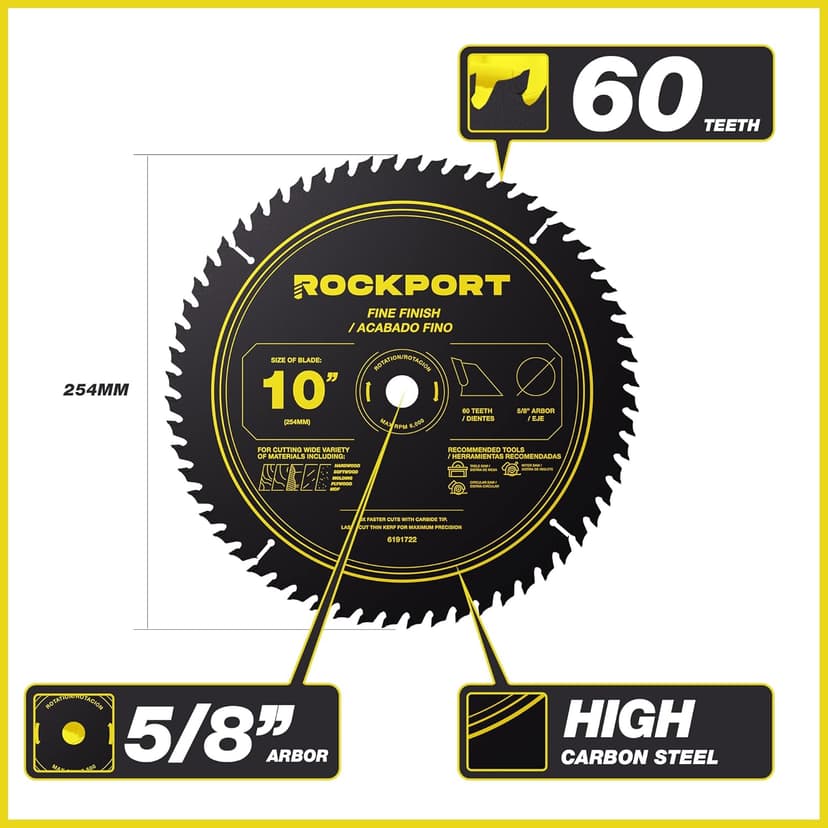 ROCKPORT Table Saw Blades 10 inch 60 Teeth - (1 Pack) 10" Table Saw Blades & 10 inch Miter Saw Blades, 5/8" Arbor, Multipupose Carbide Tip Circular Saw Blade for Fine Finish Cutting of Wood & Laminate