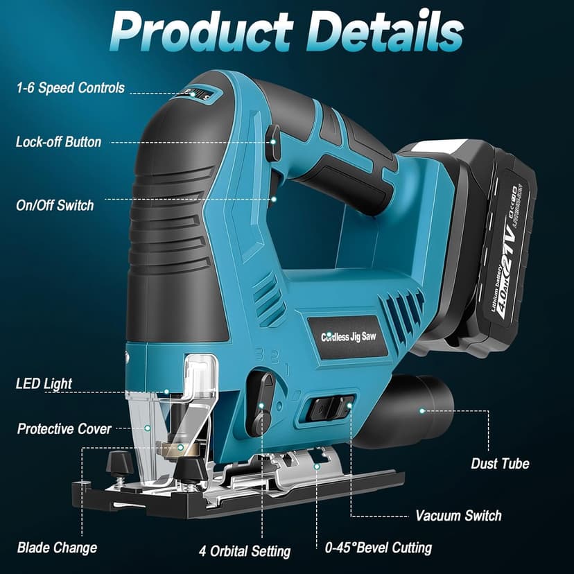 Cordless Jig Saw with 4000mAh Battery, Cordless Jigsaw Tool for Ma-kita 18V Battery, with 7 Blades, Dust Tube, 0°-45° Bevel Cuts & 4 Orbital Setting, LED Light, for Wood PVC Metal Cutting