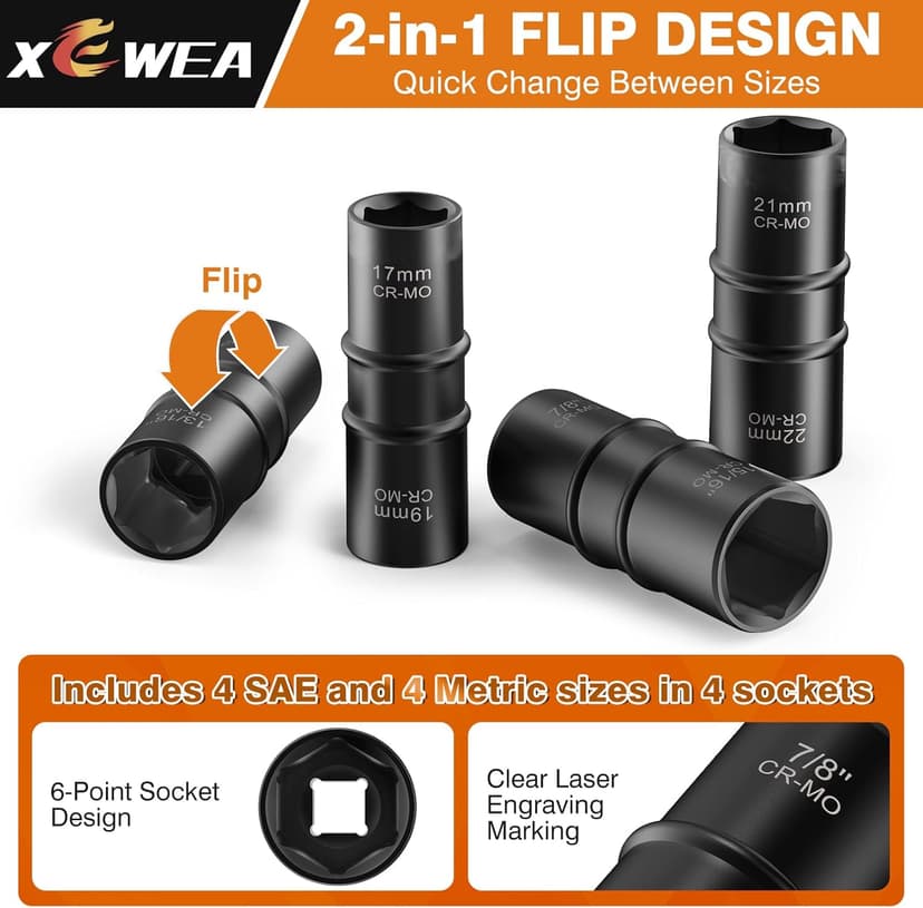 XEWEA 1/2" Drive 15PCS Lug Nut Remover and 6PCS Flip Impact Socket Set, Wheel Lock Removal Kit, Thin Wall Nut Sockets Easy Out Extractor Set for Damaged, Frozen, Rusted, Rounded-Off Bolts