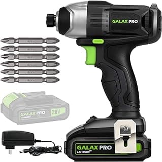 GALAX PRO Impact Driver 20 V Lithium Ion 1/4" Hex Cordless Driver with LED Work Light, 6 Pieces Screwdriver Bits, Variable Speed (0-2800 RPM)- 1.3 Ah Battery and Charger Included
