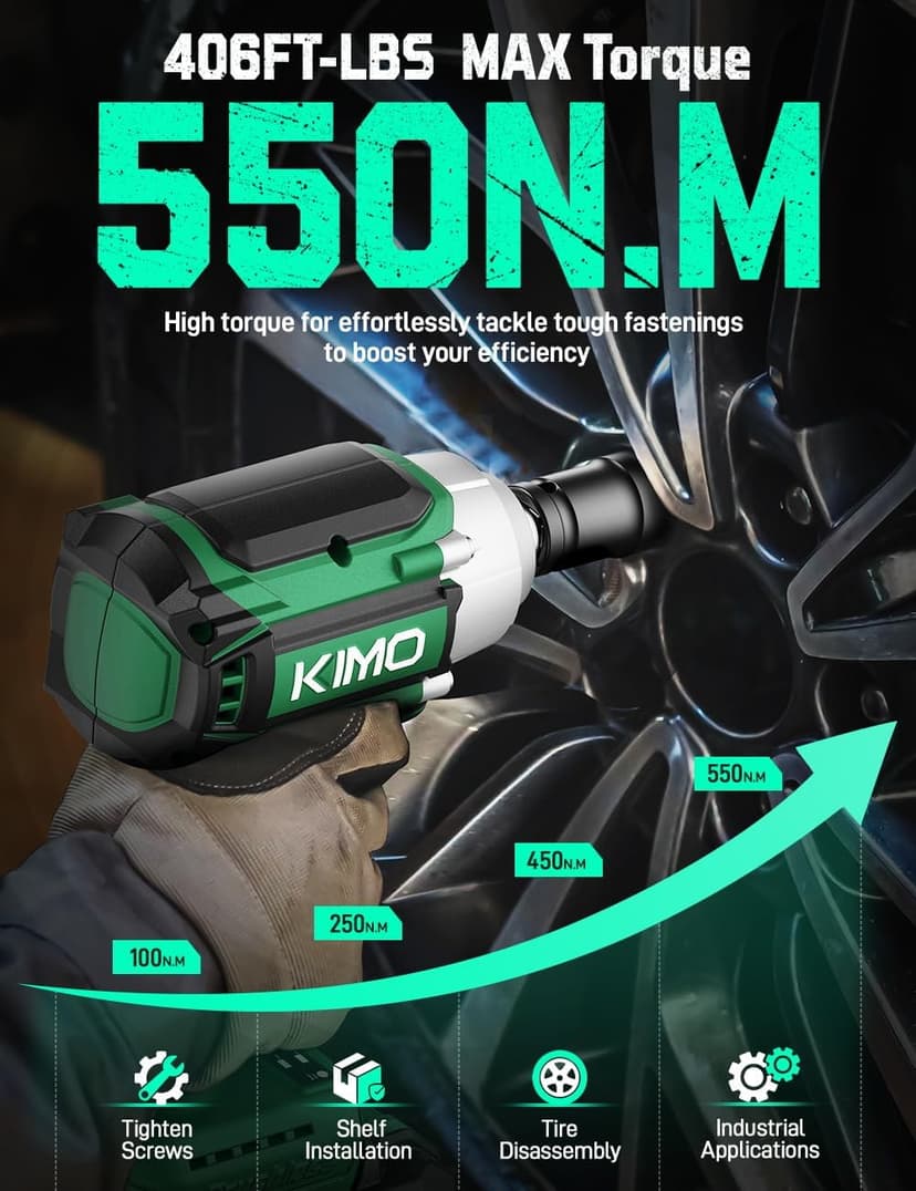 K I M O. Cordless Impact Wrench, Max Torque 406ft-lbs (550N.m) & 3000RPM, Premium Brake Stop, 1/2 lmpact Gun with 3000mAh Li-ion Battery, 7Drive lmpact Sockets, Fast Charger Impact Drill for Car Tires