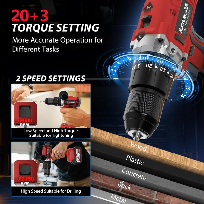 1060In·lbs Cordless Drill Driver - 20+3 Torque Brushless Hammer Drill with 2 x 4.0Ah Battery & Fast Charger - 21V Electric Power Drills Set with 2 Speeds & 1/2 Inch Self-locking Metal Chuck