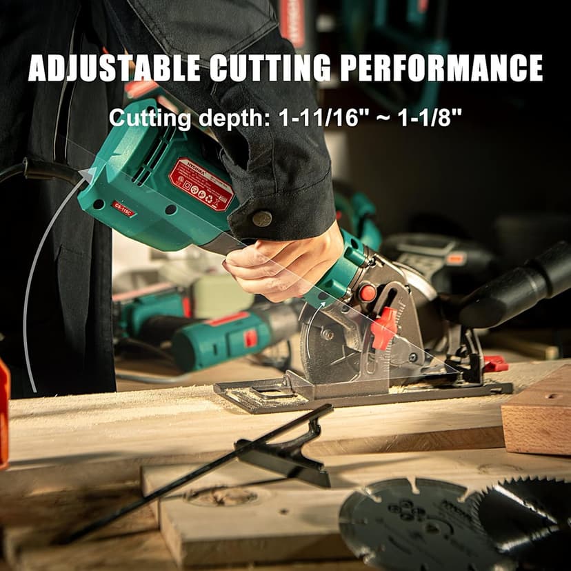 HYCHIKA 6.2A Mini Circular Saw with 3 Blades (4-1/2”), Compact Hand Saw Max 1-7/8" Cutting Depth, 3500RPM, Rubber Handle & 10ft Cord for Wood, Metal, Plastic, Tile