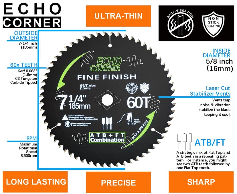 7-1/4 Inch Ultra Finish Circular Saw Blade for Wood, Carbide ATBFT 60T, 5/8" Arbor, Non-Stick Coating