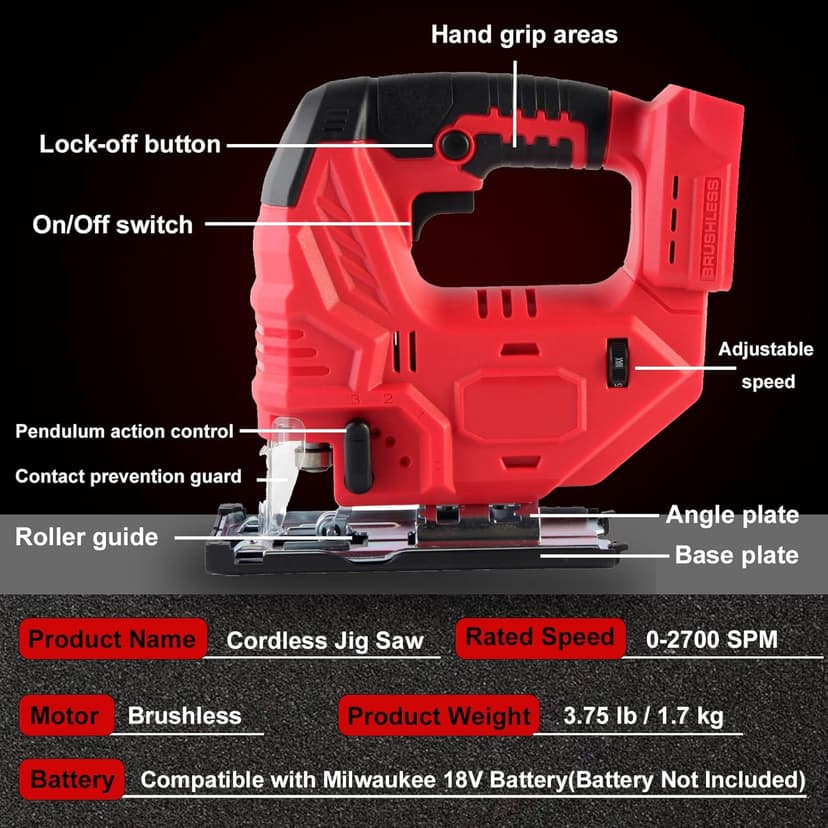 Cordless Jig Saw Compatible with Milwaukee 18V Battery, Brushless Jig Saw with 6pcs Blades, 4 Orbital Sets for Wood, Plastic and Metal Cutting (Tool Only, No Battery)