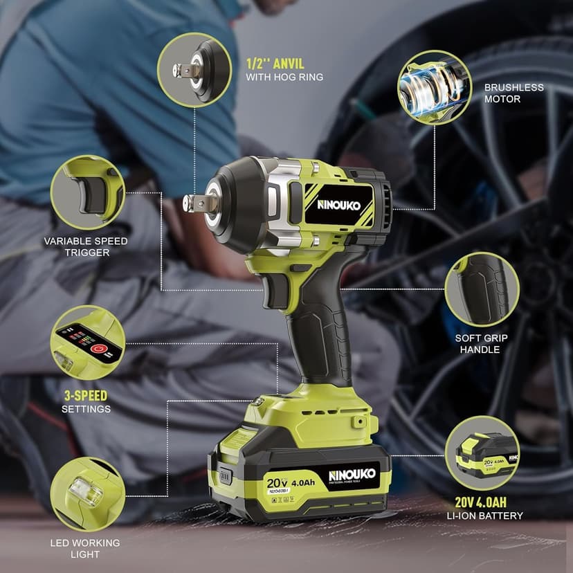 1/2 inch Impact Wrench 1000N.m (740 ft-lbs) with 2 x 4.0Ah Battery and Charger, Brushless Electirc Impact Driver Bsttery Powered High Torque Impact Gun for Home, Car, and Truck Use